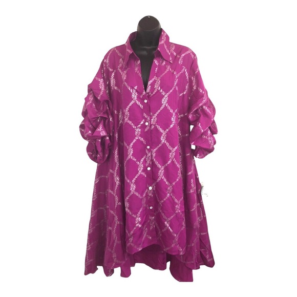 Pink & silver metallic puffy sleeve button down regal hi low dress size 1X new - Picture 12 of 17